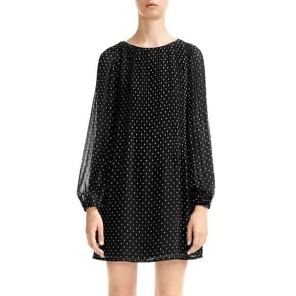 Maje Modern Pleated Allover Black & White Polka Dot Print Shift Mini Dress Small - Picture 4 of 11